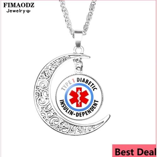 FIMAODZ Type 1 Diabetes Necklace Diabetic Medical Alert Pattern Glass Crystal Gem Crescent Moon Pendant Chain Jewelry