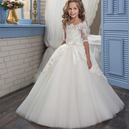 New Arrival Flower Girls Dress High Quality Lace Appliques Beading Short Sleeve Ball Gowns Custom Holy First Communion Gowns