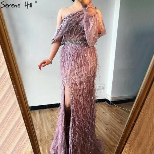 Dubai One Shouder Wine Red Evening Dresses Feather Split Beading Luxury Mermaid Formal Dress 2020 Serene Hill DLA70513