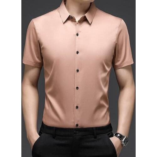 Summer Large Size Ice Silk Mens Work Shirts Office Dress Satin Clothes For Mens Fashion White Blue Grey Gentleman Classic Shirts