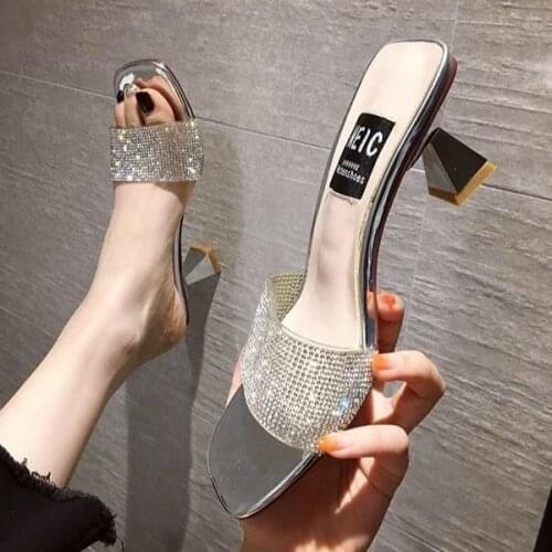Women Sandals Summer Open Toed High Heels Transparent Heel Slippers Woman Party Shoes Discount Pumps Sequined Cloth Gladiator