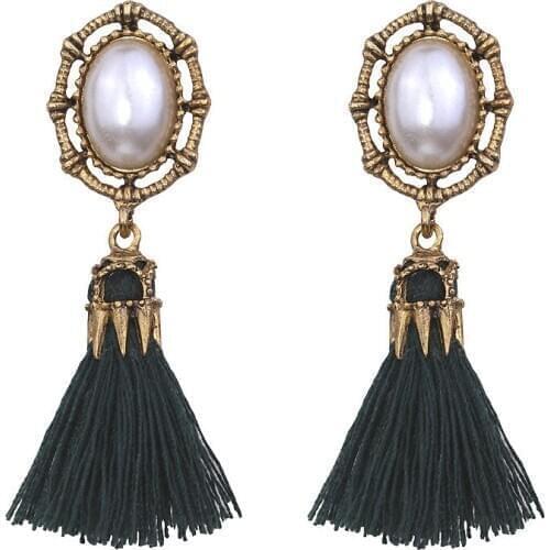 New Fashion Ethnic Bohemian Tassel Crystal Long Earrings Black Pink Red Silk Fabric Pearl Earrings For Women Jewelry 6 colors