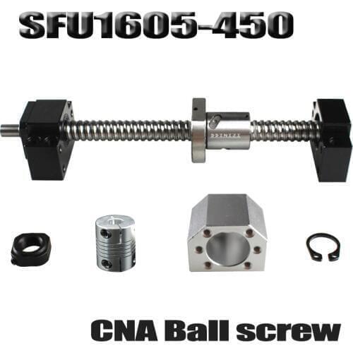 Ballscrew 450mm SFU1605 rolled ball screw C7 with end machined +1605 ball nut + nut housing+BK/BF12 end support + coupler RM1605