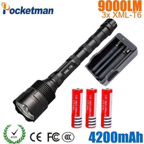 9000Lumen LED Flashlight XM-L 3T6 Power 5 Mode Torch Lamp Light Super Bright led light for Camping Hunting fishing