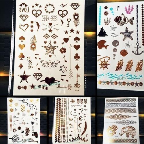 1PC Gold Metallic Temporary Tattoo Stickers Small Bauble PCT-148G Key Arrows Poker Fake Flash Tattoo Paste Women Body Art Arm