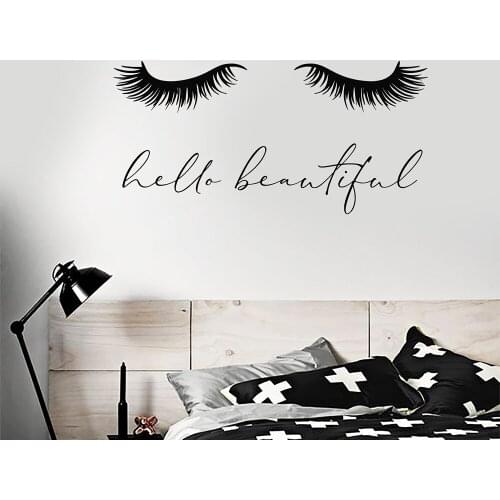 Hello Beautiful Lettering Wall Decals Closed Girl Eyes Eyelash Extensions Wall Stickers Salon Wall Window Decoration Art Murals