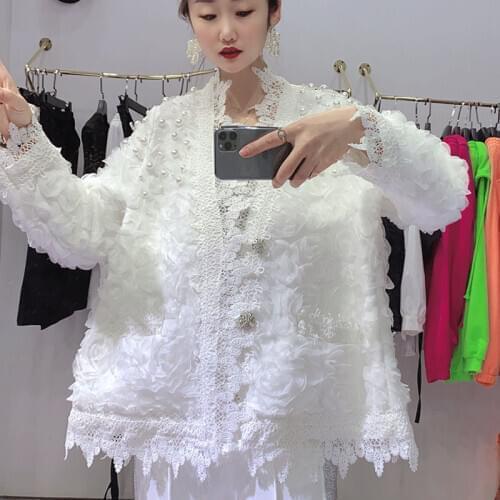 Fairy Womens Spring Jackets 2021 Elegant Luxury 3D Flower Patch Pearl Cardigan Women Fashion Coats Plus Size Lace Clothes XC335