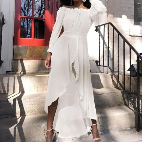 Spring Summer 2021 Western Style Bandage Chiffon One Shoulder Draw Back Solid Color Irregular Swing Womens Dress Long Sleeve