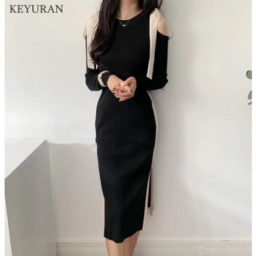 Korea Chic Vintage Patchwork Bow Bandage Sexy Strapless Dress Female Autumn Long Sleeve Splicing Knitted Pullovers Women Vestido