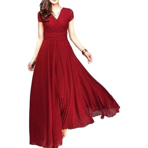 50% Hot Sales Plus Size Solid Color Women Party Gown V Neck Short Sleeve Slim Fits Maxi Dress