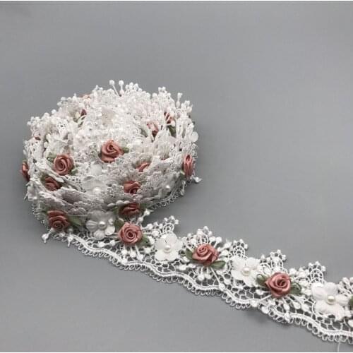 15Yard Beautiful 3D Pearl Flower Embroidery Lace Applique Flower Sewing Lace DIY Craft Width 4.5cm