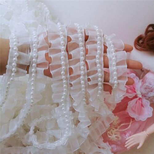 20Yards Pearls Lace Chiffon Fabric Dress Collar Ruffle Trim Ribbon DIY Sewing Wedding Guipure Lace Decor 28mm Width