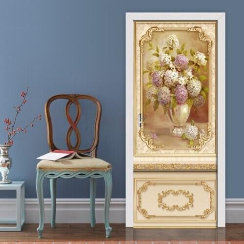 3D Beautiful Golden Flowers Door Sticker For Living Room Bedroom DIY PVC Self Adhesive Wallpaper Waterproof Mural Decals Poster