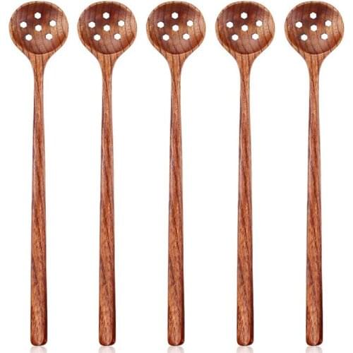 Wooden Spoons with Long Handles, 5 Korean 10.9 Inch Round Wooden Spoons with Long Handles, Used for Cooking and Stirring