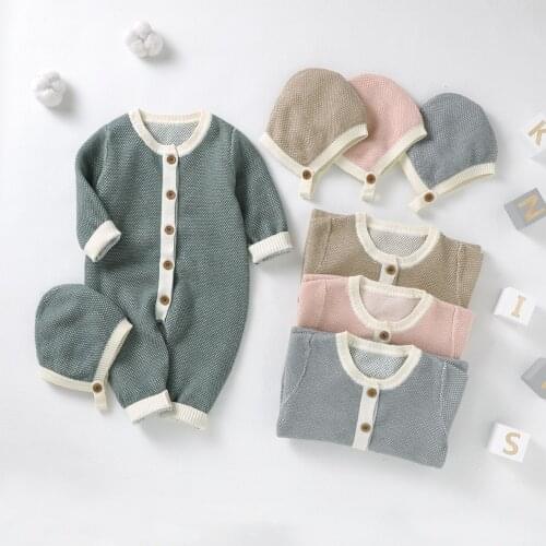 Autumn Winter Infant Baby Romper Boys Girls Clothes Long Sleeves Button Down Knit Warm Rompes Jumpsuit with Hat Outfit
