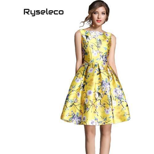 Women Winter Basic Fit Flare Dress European Fashion Owl Peach Floral Prints Twill Sleeveless Tanks Party Tutu Ball Gown Vestidos