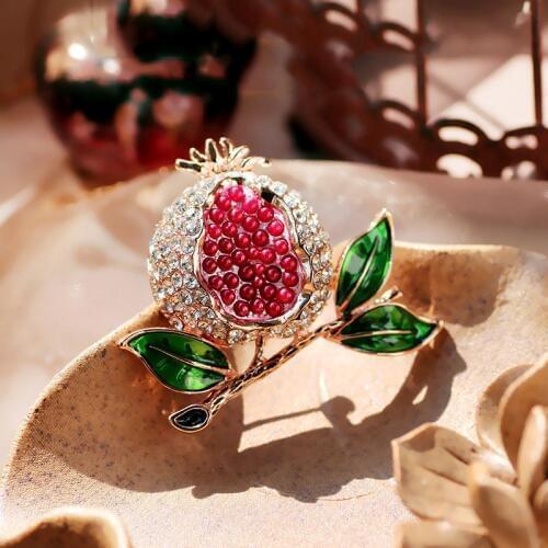 FARLENA Jewelry Cute Enamel Red Pomegranate Scarf Pins for Women Banquet Weddings Accessories Fashion Rhinestones Brooch