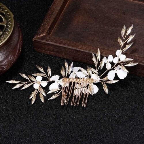 FORSEVEN Exquisite Leaf Flower Gold Color Line Hair Comb Imitation Pearl Hair Jewelry Bridal Wedding Hair Accessories Tiaras