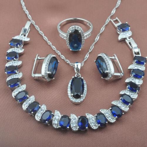 Amazing Blue Cubic Zirconia Silver Plated Crystal Jewelry Sets Womens Wedding Bracelet Pendant Earrings Ring Set YZ0167