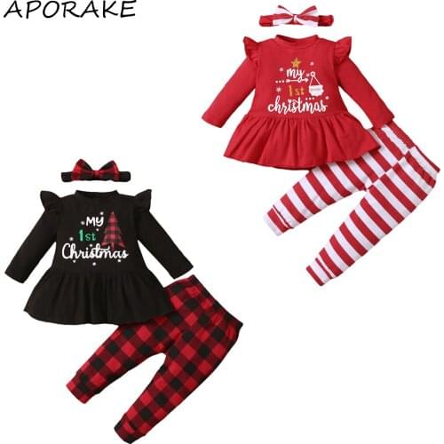 2021 3-18M Baby Girls Clothes Set My 1st Christmas Letter Printed Pattern Round Collar Tops+Striped/Plaid Pants Costume 3pcs
