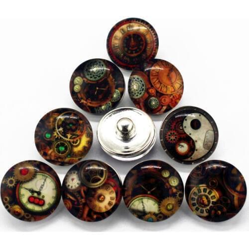 Hot selling 10pcs/lot 18mm mechanical dial plate Random Snap Button Glass Snap Buttons Charms Fit DIY Snap Bracelet Jewelry