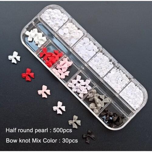 12 Grid Box Nail Art Set Accessories Resin Bow Skirt Sun Flower Half Round Pearl Mix Match Fingernail DIY Decoration