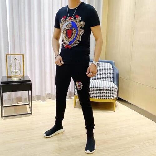 New 2020 best selling mens sportswear hot drilling party personality pattern breathable sportswear mens two-piece set