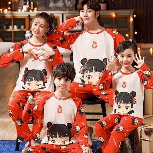 New Autumn Cute Cartoon Parent-Child Pajamas For Boys Girls Children Pure Cotton Long Sleeve Home Wear Kids Clothes Casual