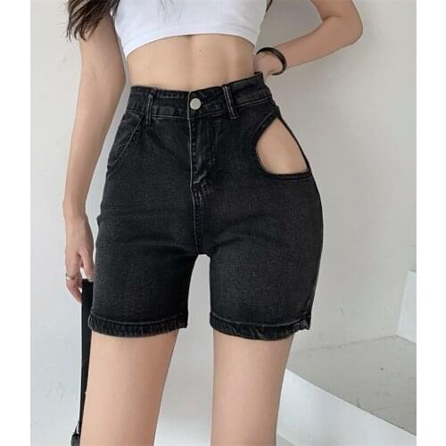 Retro Slim High-Waist Hollow Out Jeans Shorts