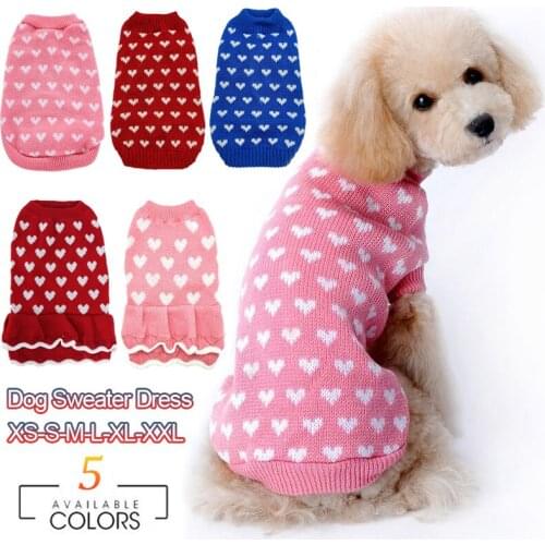Pet Clothes for Small Dogs Winter Warm Cat Sweater Dress Puppy Love Pattern Small Lace Skirt Clothing Pet Pullover Outfit