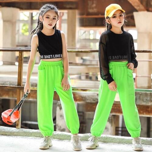 Hip Hip Clothes For Girls Jazz Performance Costume Black Net Tops Green Pants Hiphop Street Dance Outfit Kids Rave Wear BL5872