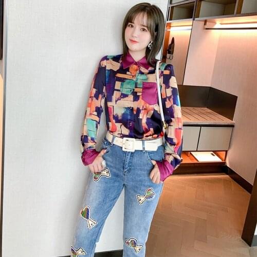 Vintage Print Shirt with lapel+Beaded jeans suit 2021 spring new