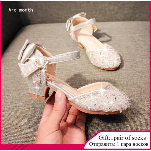 Kids Girls Shoes Sandals Bling Shiny Rhinestone Bow Princess High Heels Dance Shoes Girls Children Waterproof Antiskid Footwear
