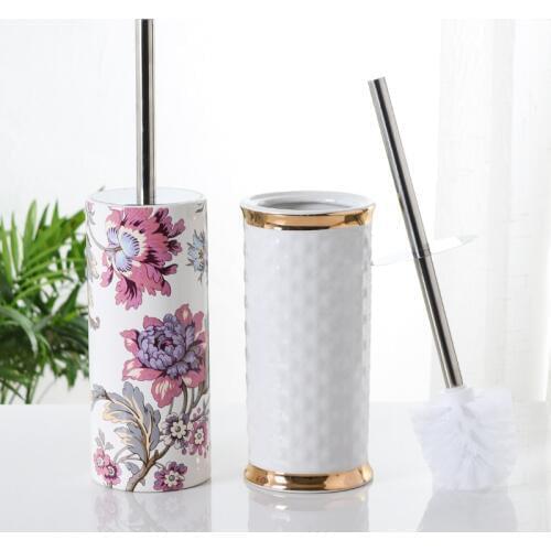 Toilet Ceramic Base Free Punch Household Bathroom Cleaning Brush Stainless Steel Long Handle Toilet Brush Set European Style