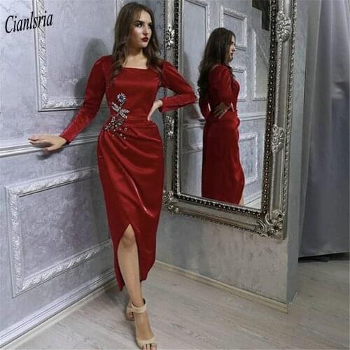 Dark Red Long Sleeve Tea-Length Homecoming Dresses Short Pleat Beading Crystal Cocktail Dresses Special Occasion Gowns