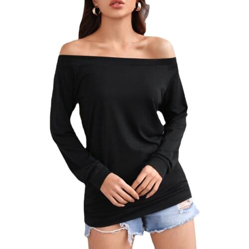 Spring and summer European beauty style long-sleeved one-neck off-the-shoulder solid color top T-shirt