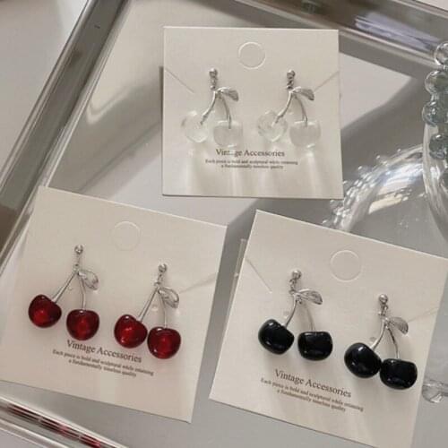 VSnow French Vintage Cherry Fruit Leaves Resin Dangle Earring for Women Trendy Red Black Transparent Earring Jewelry Pendientes