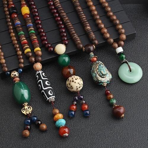 WEIYU Handmade Nepal Jewelry Buddhist Mala Wood Beads Pendant Necklace Bodhi Ethnic Buddha Long Statement Necklace For Women Men
