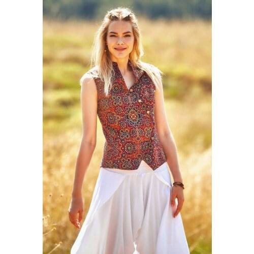 Womens Crew Neck, Cross Square Button Sleeveless Blouse, Special Authentic Pattern Design, Good Quality, stylish, Modern, Charming, Comfortable