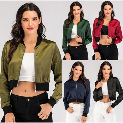 Womens Jacket Stitching Stand Collar Short Baseball Uniform Solid Color Zipper Fashion Casual Jacket for Woman