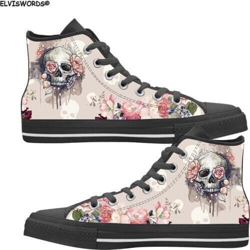 ELVISWORDS Pink Skull Floral Brand Designer Womens Sneakers Autumn/Spring Canvas High Top Girls Casual Walking Shoes Woman 2020
