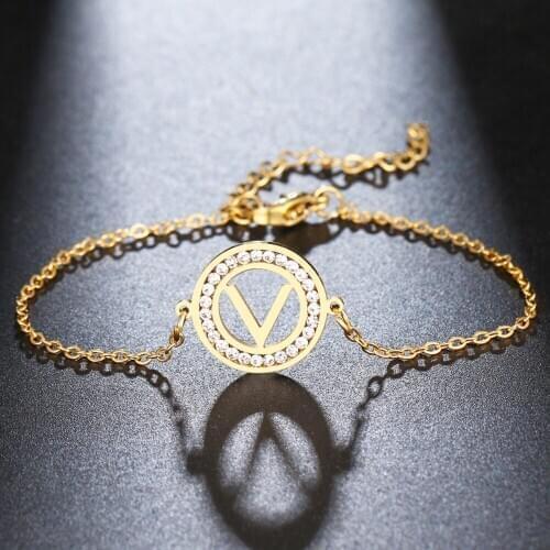 CACANA 316L Stainless Steel For Women Crystal Bracelet Simple Letter "V" Round Bracelets Gold Color Engagement Gifts Jewelry