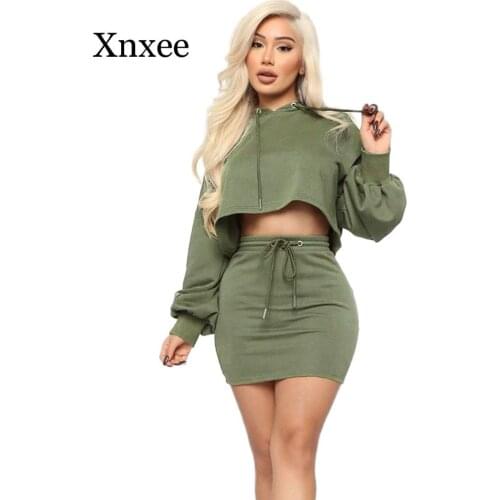 Secy Spring Autumn Two Piece Skirt Set Women Hooded Long Sleeve Sweatshirt Crop Top And Mini Skirt Casual Club 2 Piece Outfits
