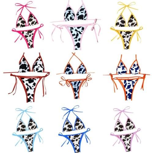 Meihuida 2021 New Women Split Swimsuit Set Cow Print Deep V-neck Padded Bikini + Lace Up Panties for Summer Two-Piece Suits