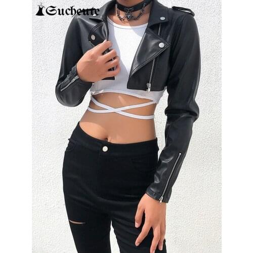 SUCHCUTE PU Leather Coats For Women Jacket With Zipper Casaco Feminino Korean Style Modis Black Autumn 2019 Harajuku Coat Female