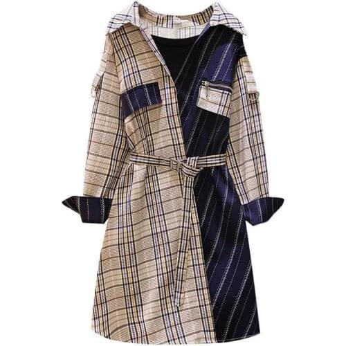 Large Size 4XL Women Dress 2021 Spring New Fat MM Stitching Fashion Plaid Long-Sleeved Age-Reducing Waist Vestidos Clothing L244