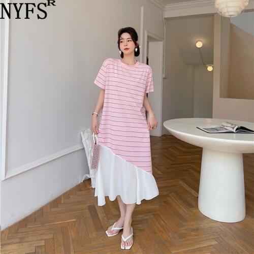 NYFS Summer Dress 2021 New Korean Short Sleeve Woman Dress Vestidos Robe Elbise Fashion Patchwork Irregular Chiffon Long Dress