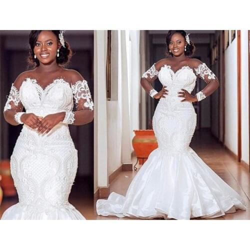 Plus Size Mermaid Bridal Gown Jewel Neck Beads Appliqued Lace Wedding Dresses Sweep Train Robe de mariée Custom Made