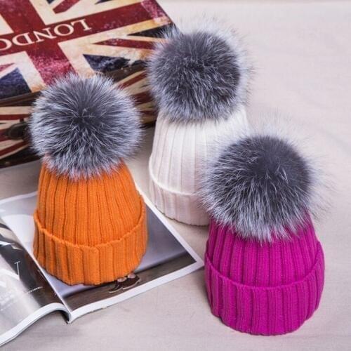 Winter Women Ladies Fluffy Real Silver Fox Fur Pom poms Knitted Beanies Thick Warm Skullies Caps Hats Gorros For Child