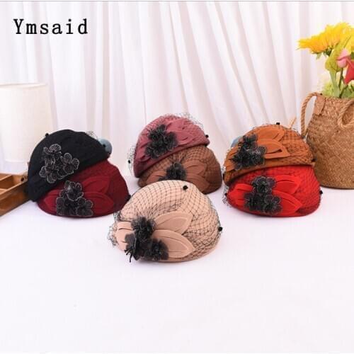 100% Wool Beret Hat Women Black Veil Flowers Wool Felt Cap Female Elegant Wedding Church Fedora Hat WInter Autumn Ladies Berets